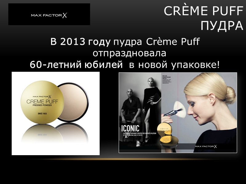 В 2013 году пудра Crème Puff отпраздновала 60-летний юбилей в новой упаковке! В 2013 году пудра Crème Puff отпраздновала 60-летний юбилей в новой упаковке!